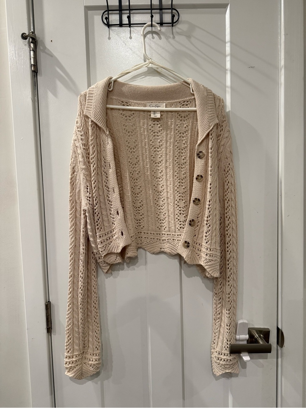 Jessica Simpson Beige Openwork Crochet Button-Front Cardigan